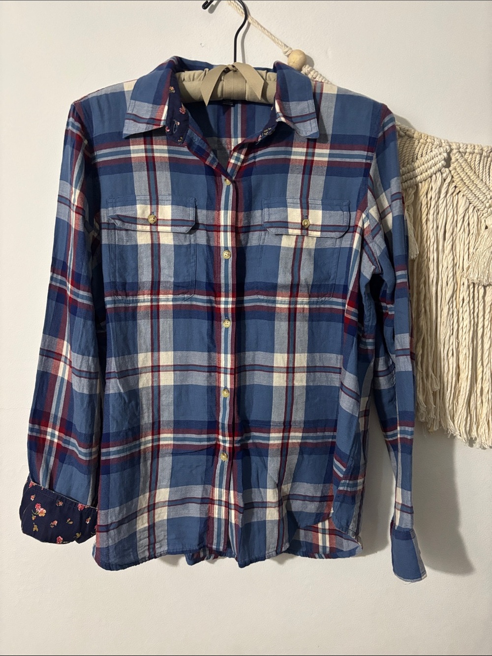 Chaps Blue Plaid Button-Down Shirt with White and Red Stripes- Floral Cuffs